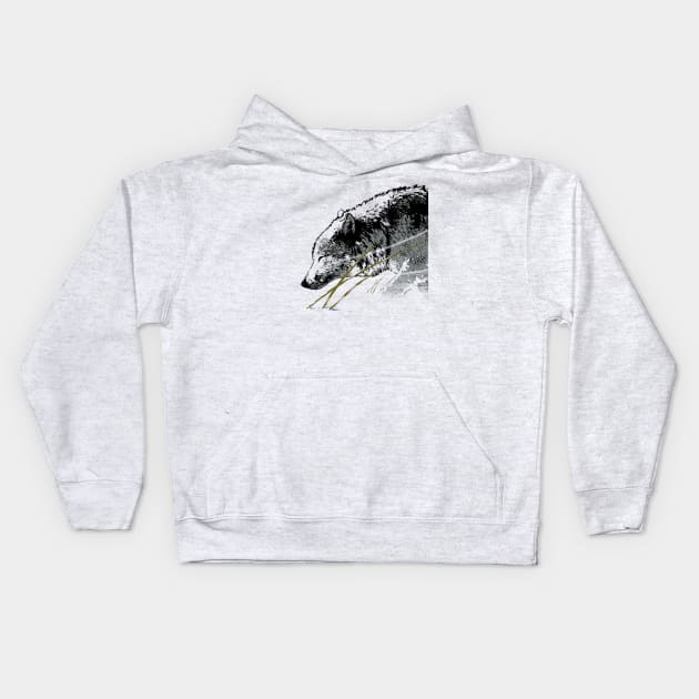 The timber wolf in the winter wind Kids Hoodie by RobertBretonArt